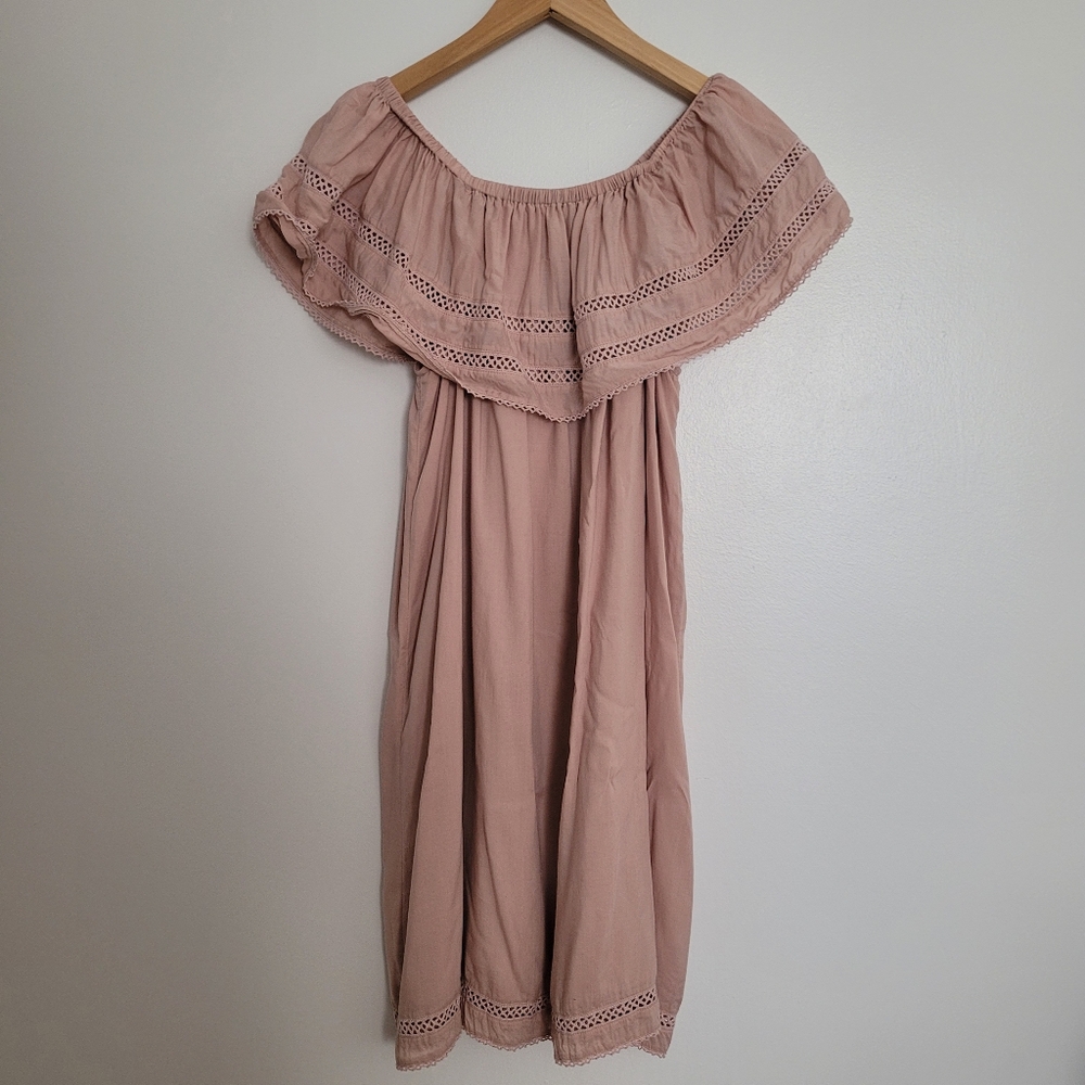 Aritzia Wilfred Emmie Off The Shoulder Lace Dusty Pink Prairie Boho Dress Medium - Picture 2 of 7